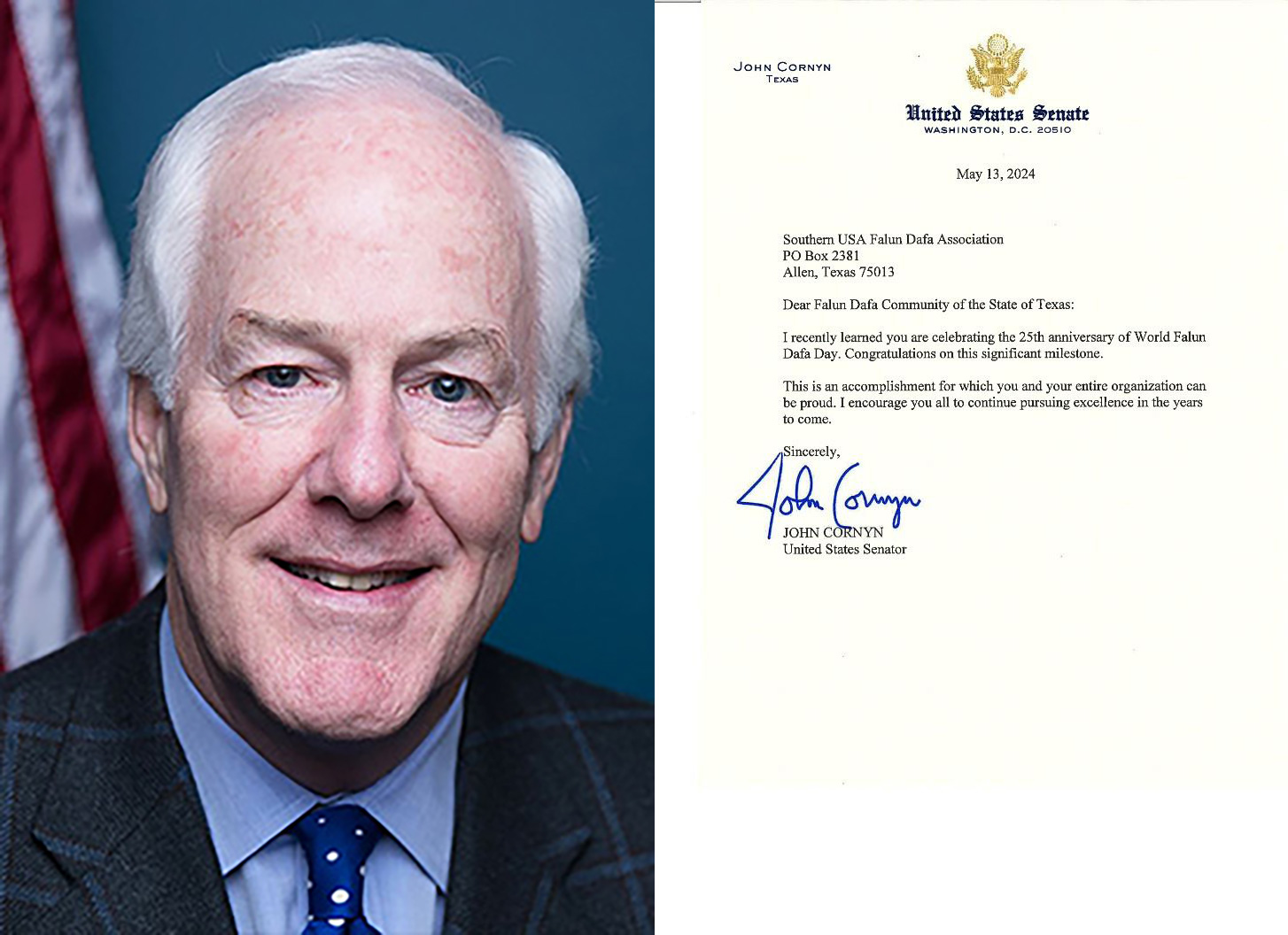 图6:美国联邦参议员约翰·康宁(John Cornyn)给美南法轮大法学会发来贺信。
