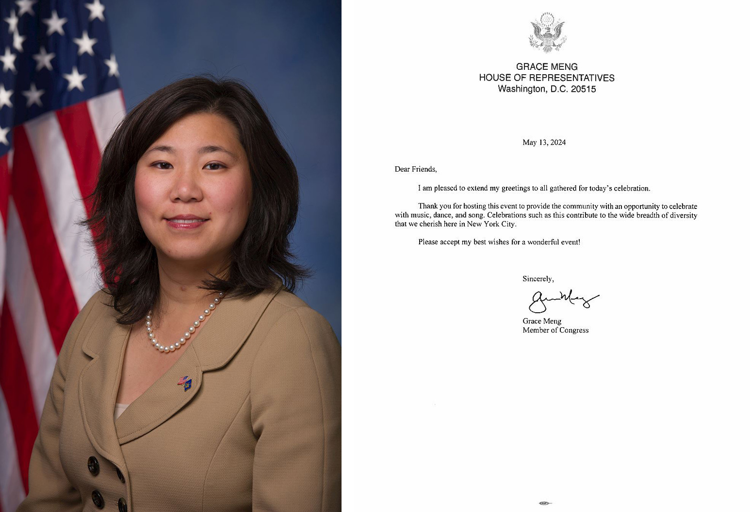 图10:纽约州民主党籍联邦众议员孟昭文(Grace Meng)发来的贺信