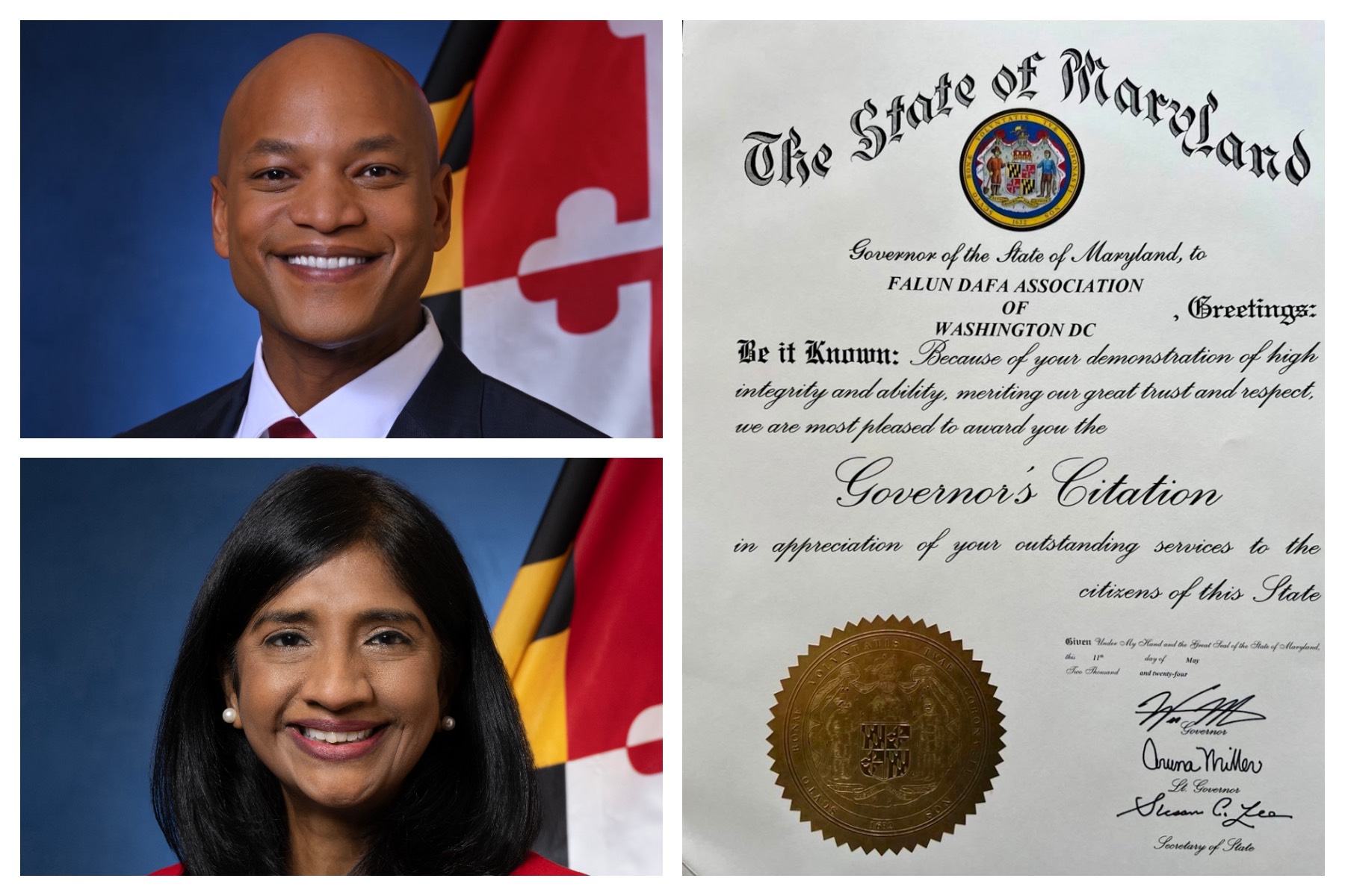 图17:在世界法轮大法日来临之际,美国马里兰州州长韦斯·摩尔(Wes Moore)和副州长阿鲁纳·米勒(Aruna Miller)向华盛顿DC法轮大法学会颁发州长嘉奖令。