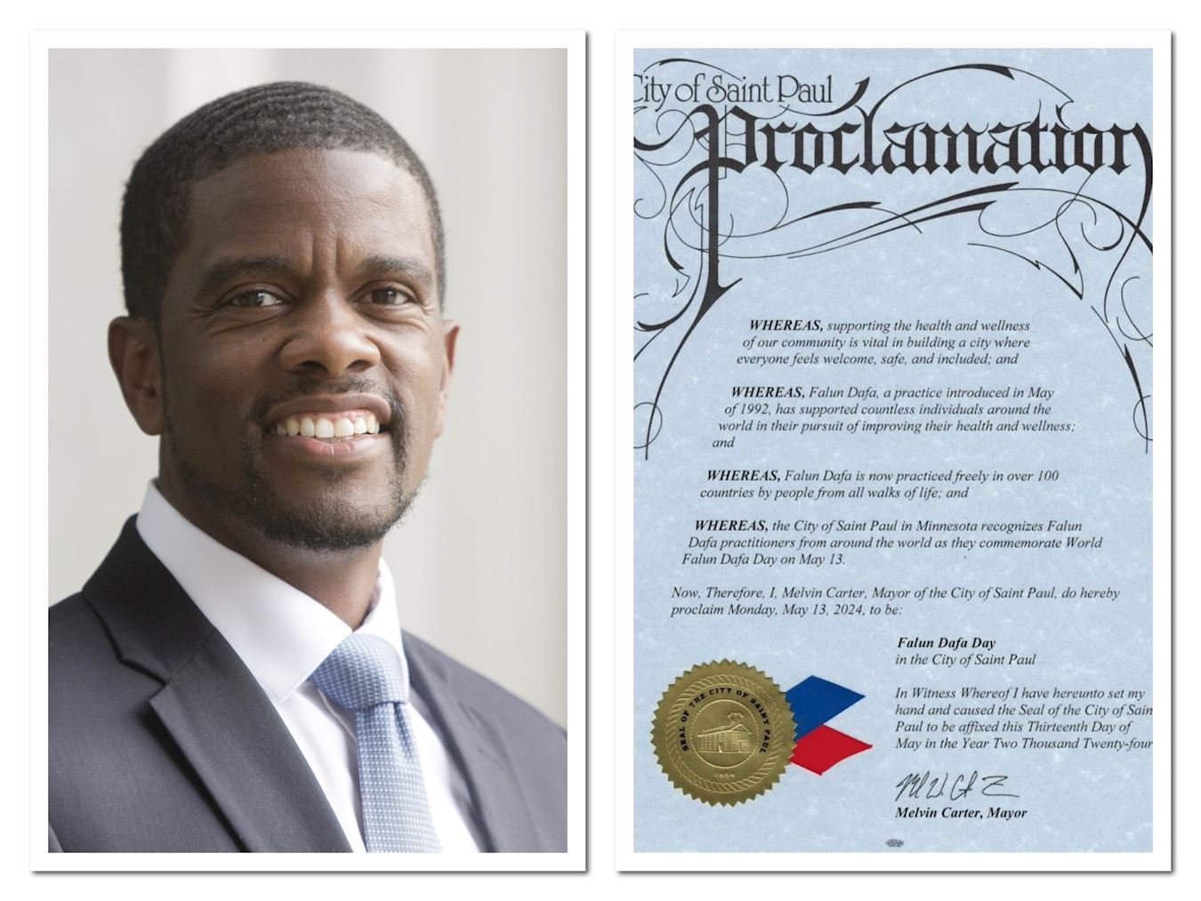 '图24:明尼苏达州州府圣保罗市市长麦文·卡特(Melvin Carter)及他颁发的褒奖'