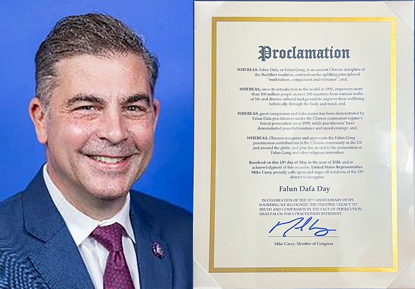 '图28:俄亥俄州议员麦克・凯里(Mike Carey)及他颁发“法轮大法日”褒奖令'