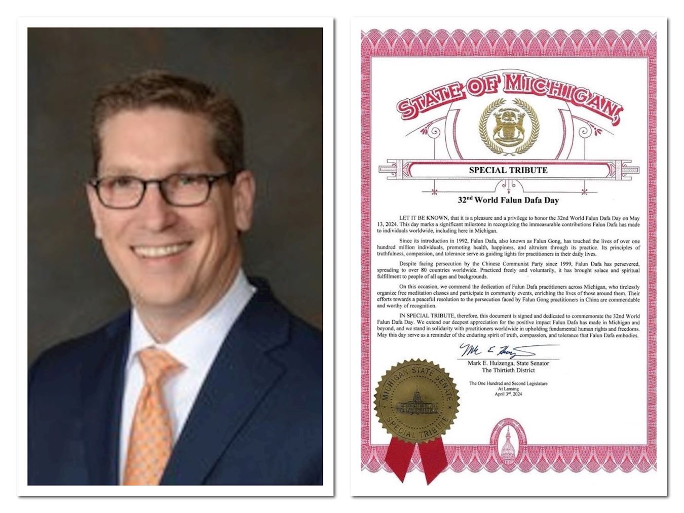 '图30:密西根州参议员马克・休伊曾加(Mark E.Huizenga)及“特别褒奖令”。'