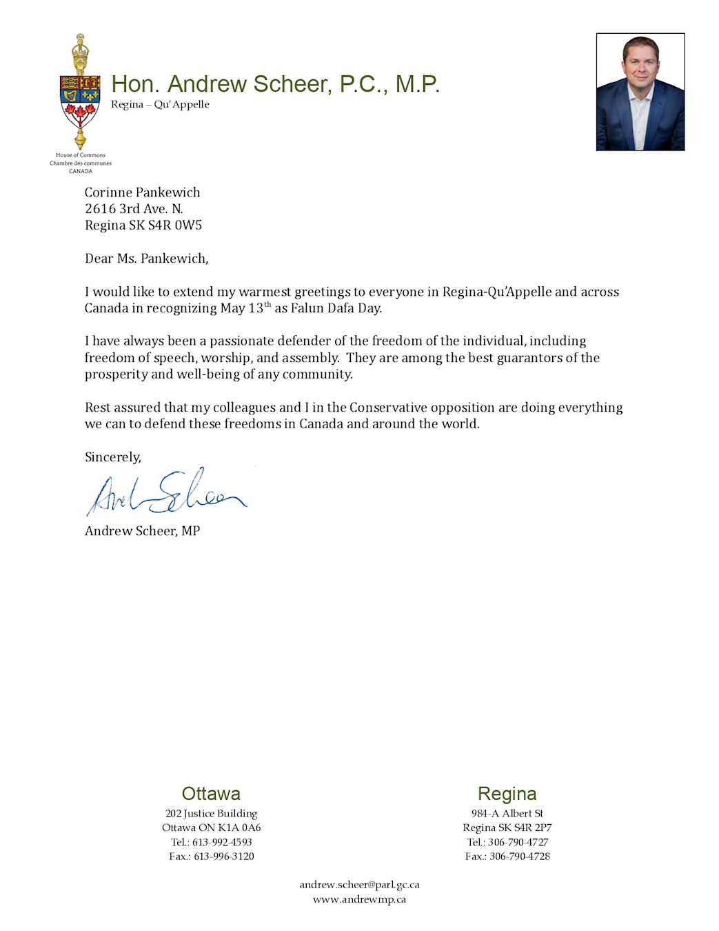 '图2:反对党议会领袖安德鲁·希尔(Andrew Scheer)的贺信'