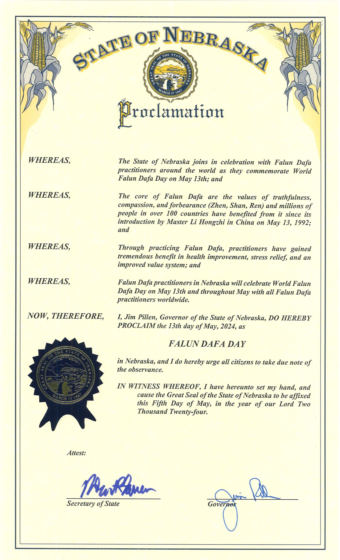 State of Nebraska proclaims May 13 Falun Dafa Day