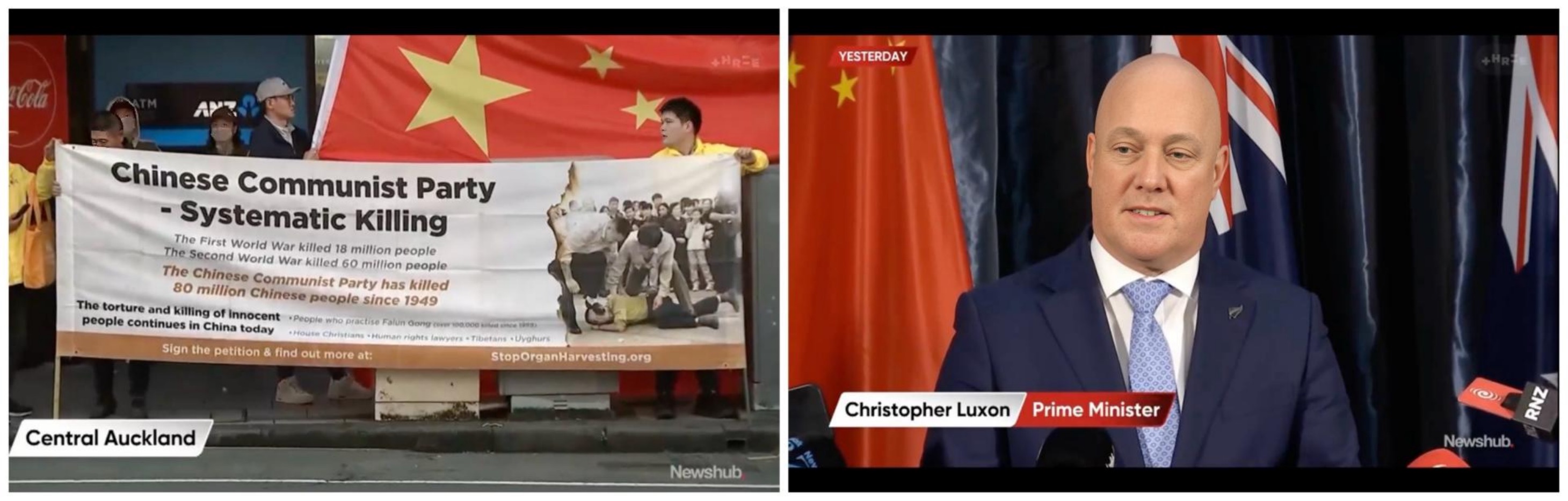 图9:新西兰新闻中心(Newshub)的报道,左图为法轮功学员的和平抗议;右图为新西兰总理克里斯托弗·卢克森表明他反对任何外国干涉内政的立场。