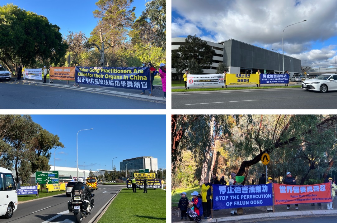 图8:六月十五日在阿德莱德,法轮功学员在中共总理车队必经之路上展示真相横幅。