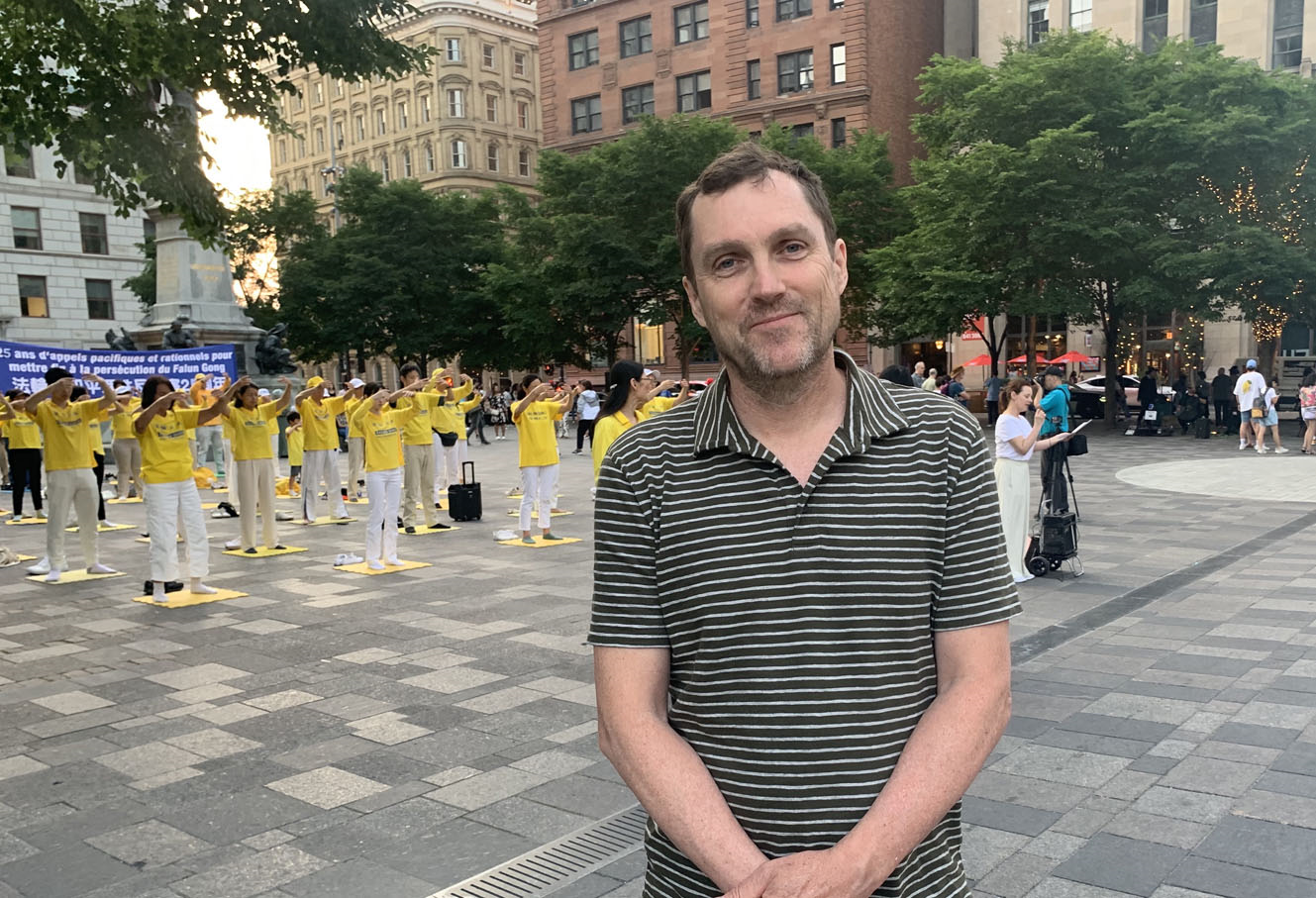 图8:蒙特利尔的业务经理马克(Marc)称赞法轮功学员,弘扬真、善、忍的伟大法理,同时也在抵制迫害信仰的政权。