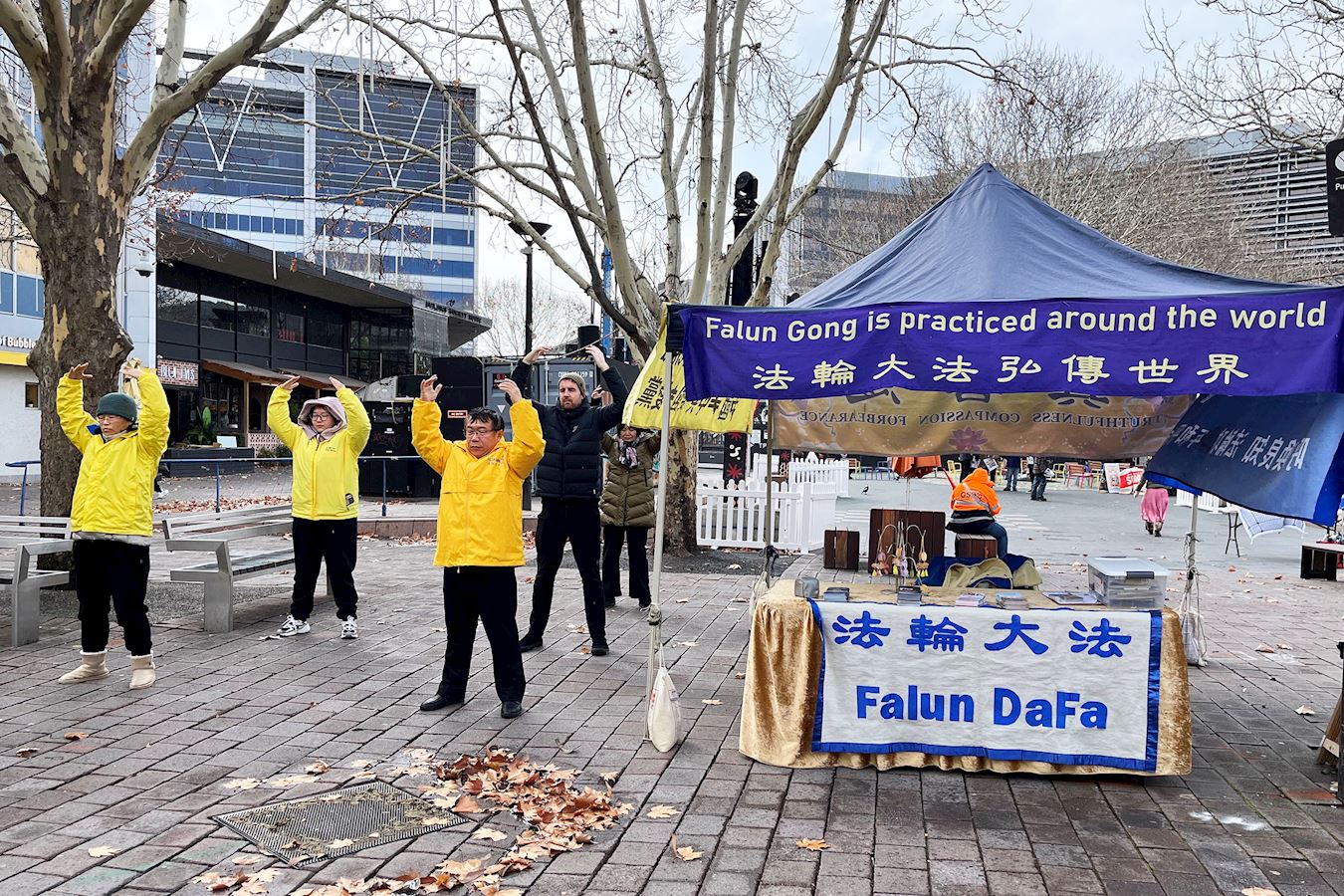 '图3:二零二四年七月二十日,堪培拉部份法轮功学员在市中心步行街展示法轮功功法。'