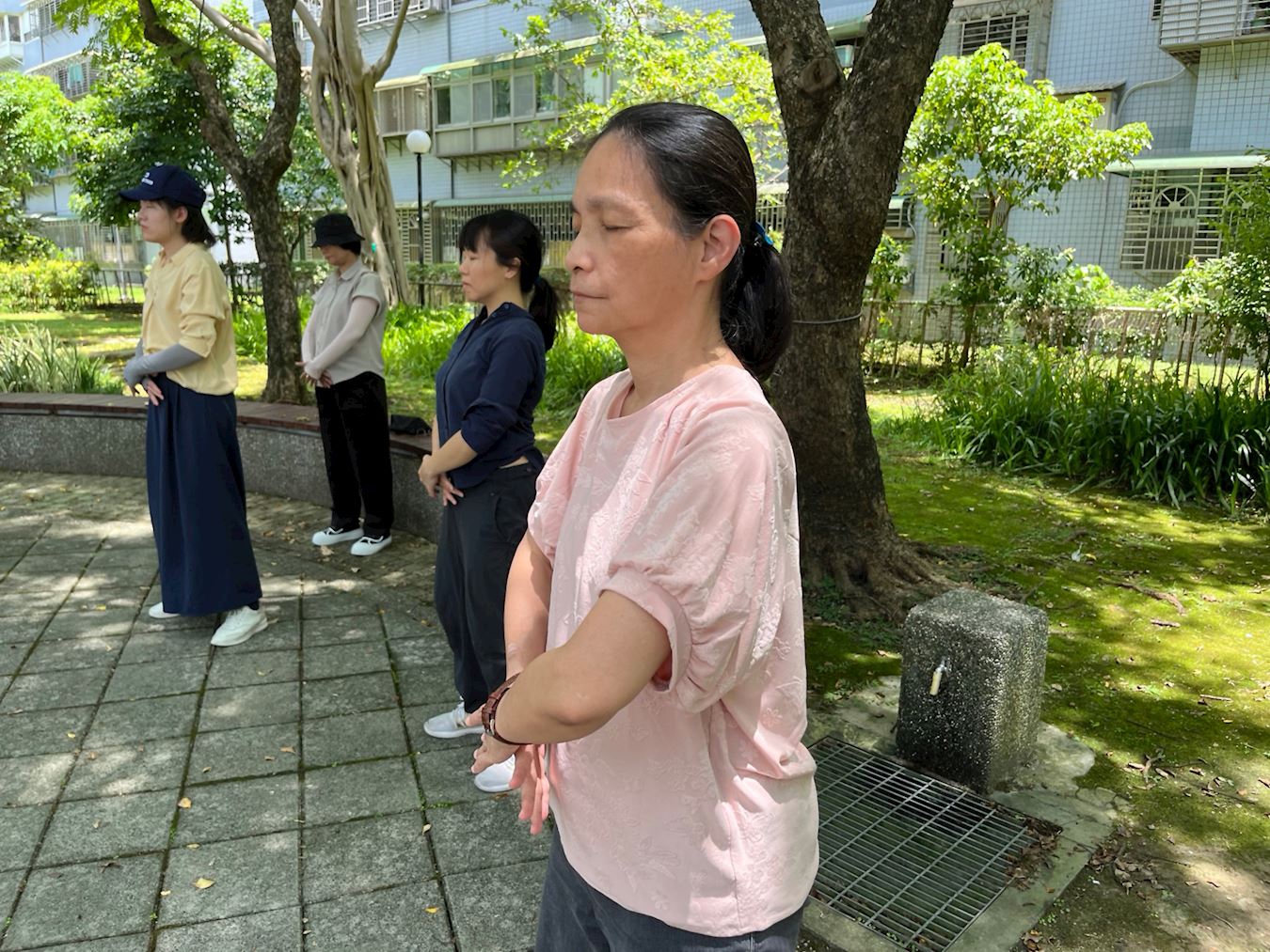 '图1:碧琴在公园炼第二套功法法轮桩法。'