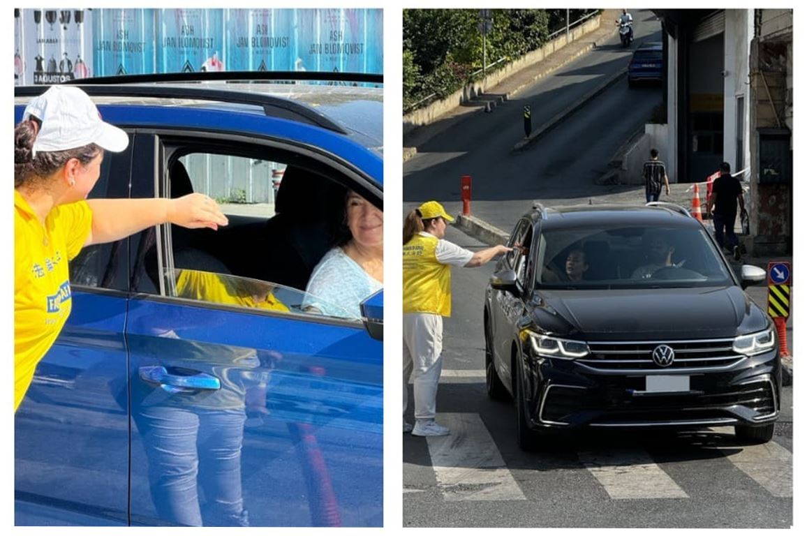 '图3:有路过车辆停下并卷下车窗,向学员拿真相资料,也有人开车经过后又再次返回向学员了解真相。'