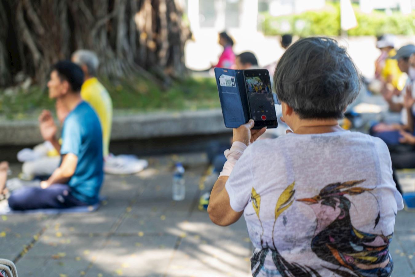 '图10~14:游客及当地人被祥和的炼功画面吸引,驻足观看;有的拍照留念,或接过真相传单,聆听法轮功的真相。'