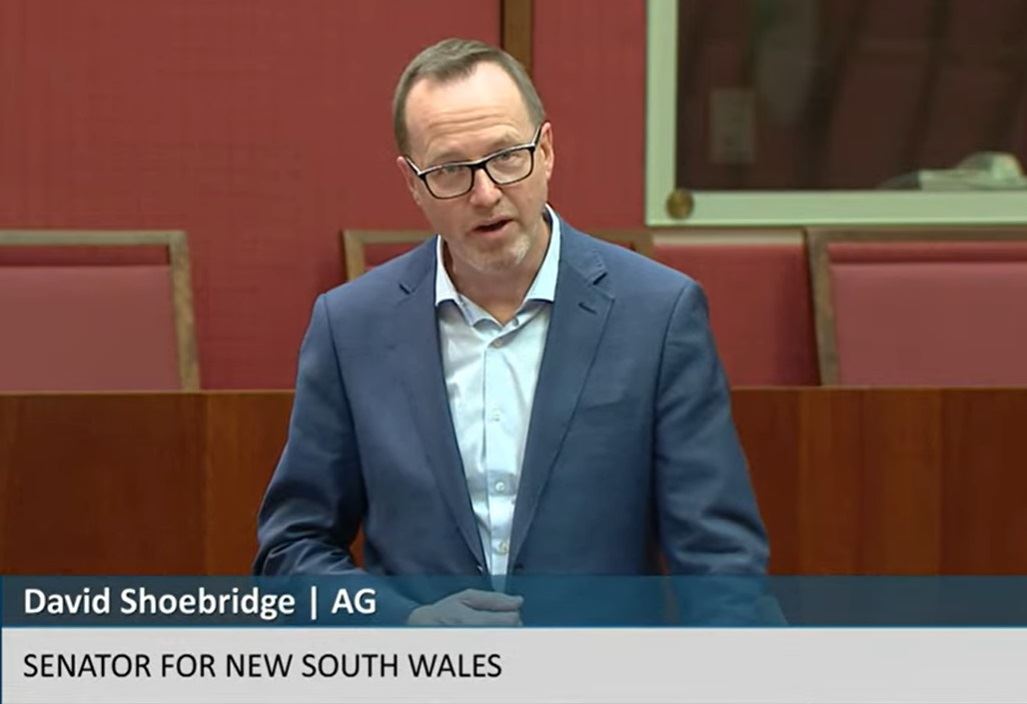 '图4:二零二四年八月二十一日,绿党参议员大卫·舒布里奇(Senator David Shoebridge)在参议院发言,支持通过新法案。(澳洲参议院网站视频截图)'
