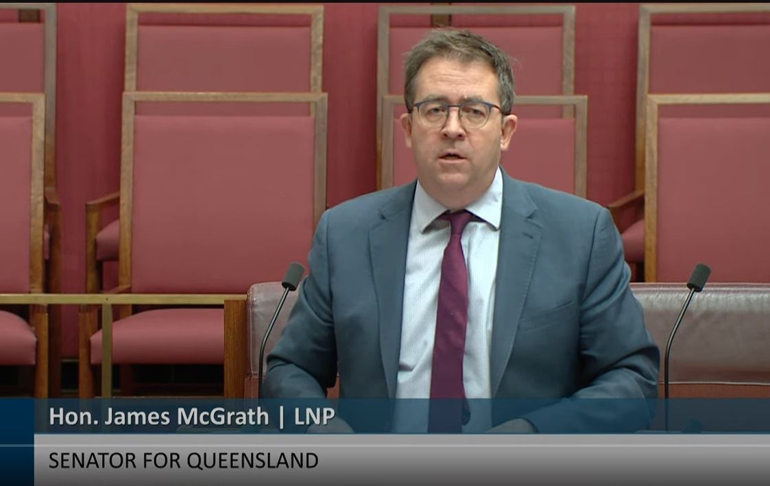 '图7:二零二四年八月十五日,参议员詹姆斯·麦克格拉斯(Senator the Hon James McGrath)在参议院举行的修正案二读辩论会上发言。(澳洲参议院网站视频截图)'