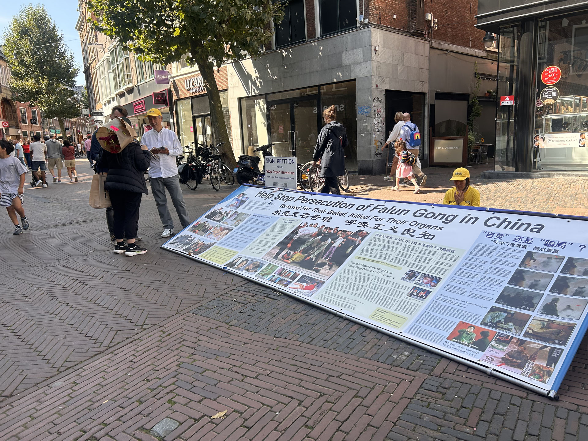 图1:八月三十一日,学员们在哈勒姆市中心布置展板,派发传单,征集签名