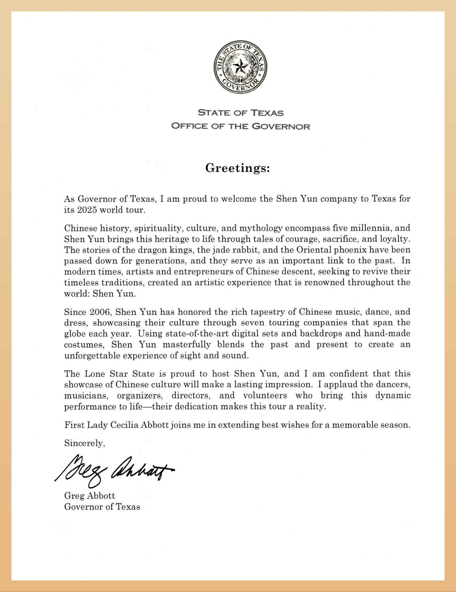 图5:德州州长格雷格·艾伯特(Greg Abbott)给神韵德州主办方发去贺信,欢迎神韵莅临德州巡回演出。(大纪元)
