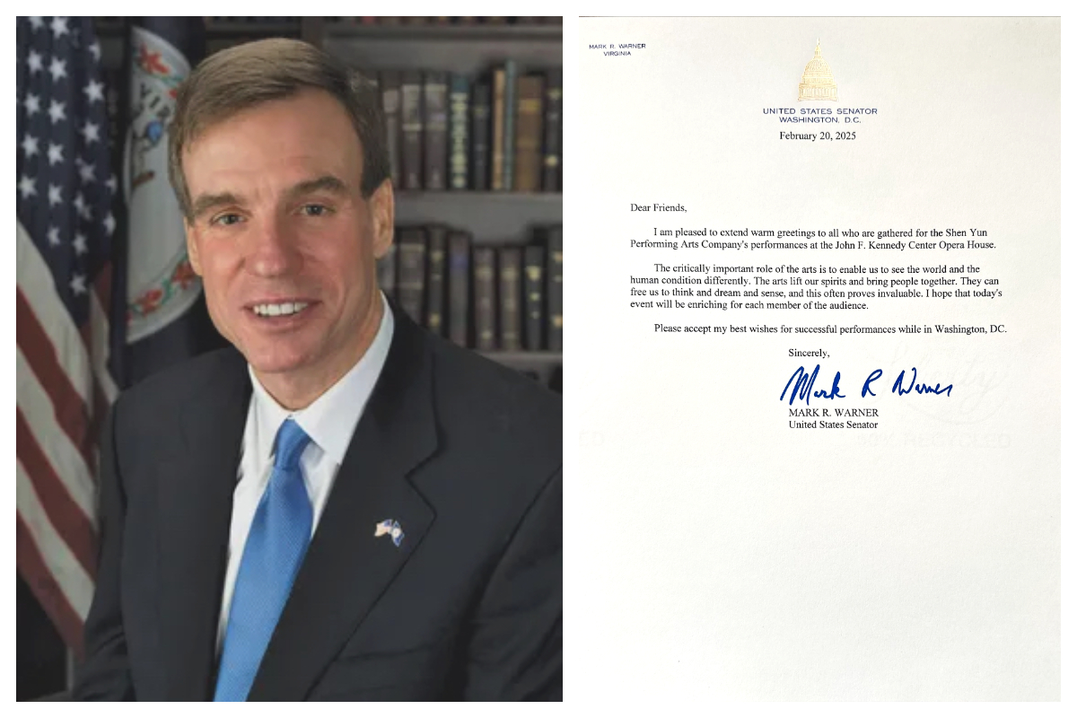图3:弗吉尼亚州联邦参议员马克·沃纳(Mark Warner)致贺信,欢迎神韵艺术团莅临。(大纪元)