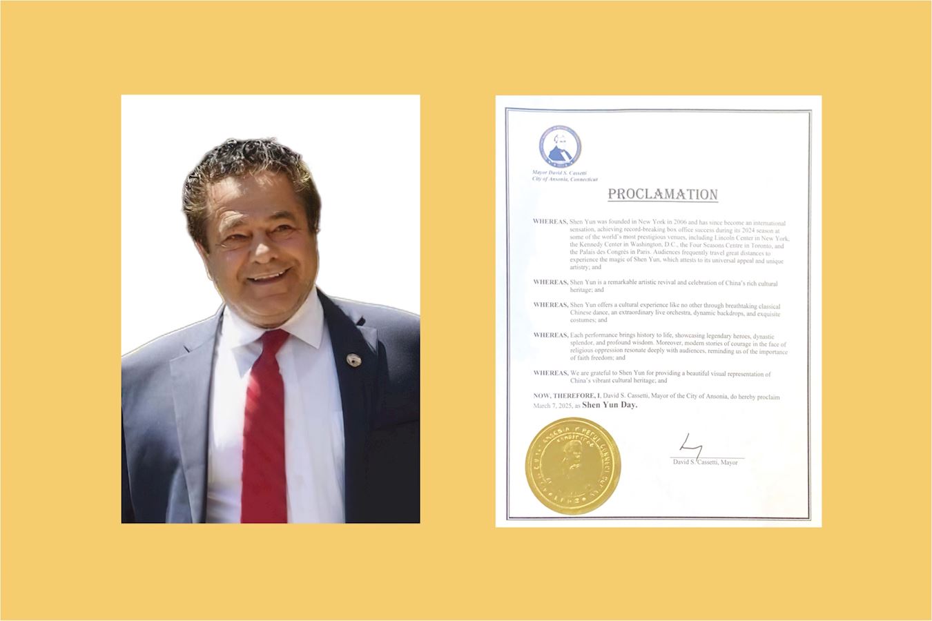 '图8:美国康州安索尼亚市(City of Ansonia)市长戴维‧S‧卡塞蒂(David S. Cassetti)宣布二零二五年三月七日为“神韵日”。(大纪元合成)'