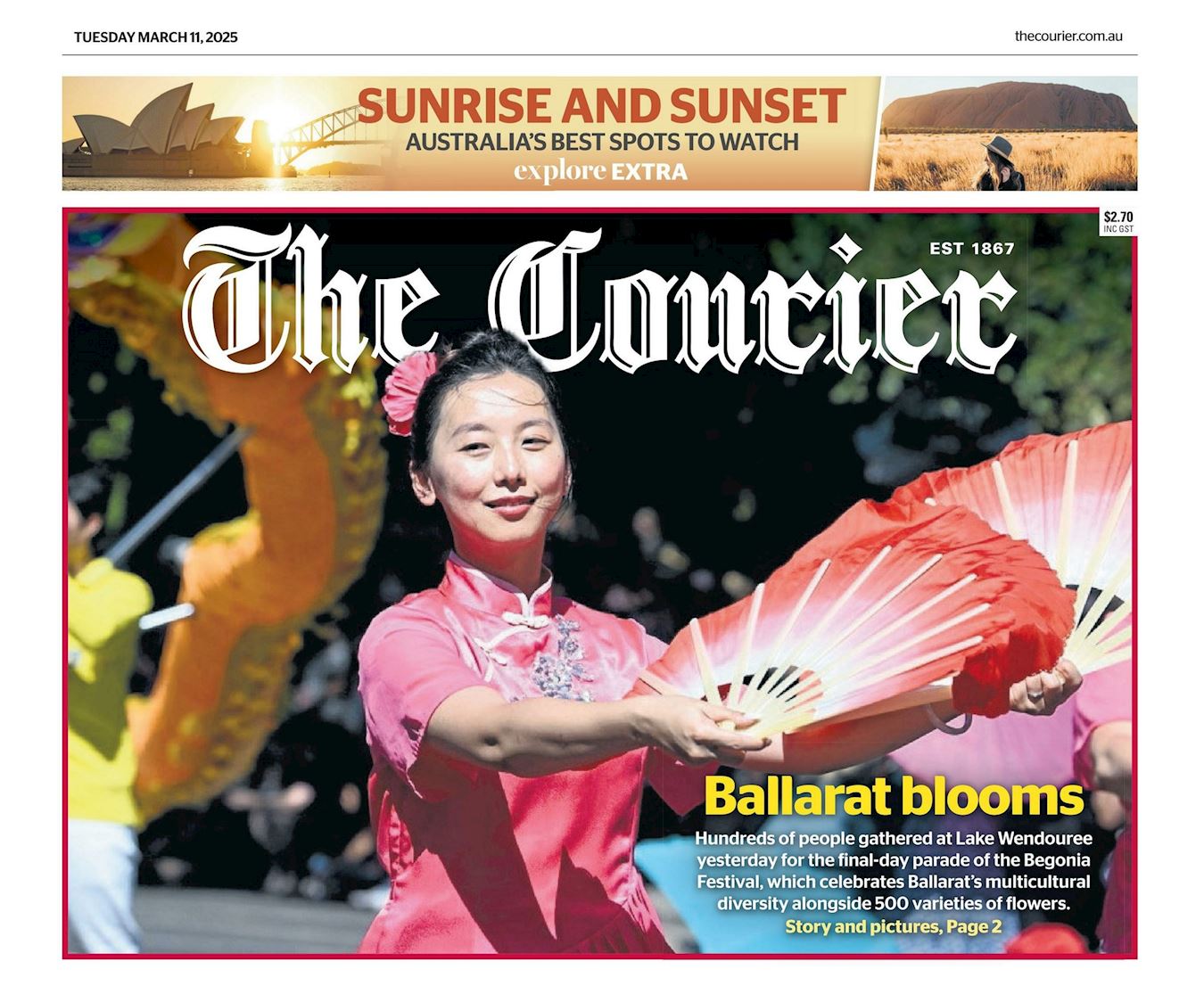'图10:二零二五年三月十一日,巴拉瑞特主要报纸《信使报》(The Courier)在头版刊登的游行图片展示了法轮功学员的扇子舞表演。(网站截图)'