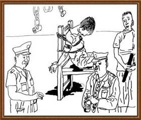 '中共监狱酷刑示意图:捆绑在椅子上'