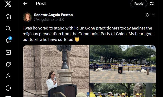 '图9:参议员安吉拉‧帕克斯顿参加德州纪念四‧二五集会后在X上发文(网络截图)'