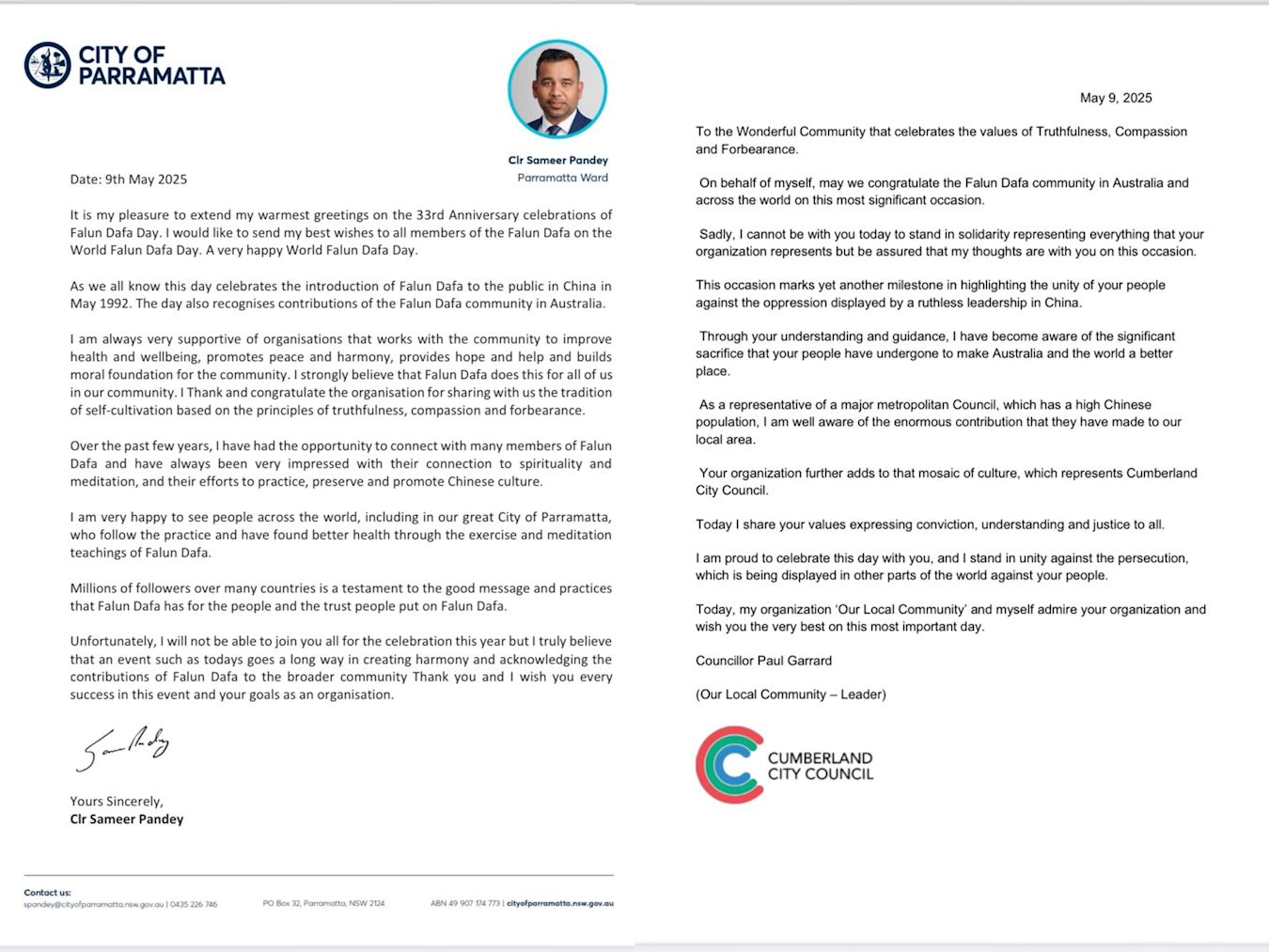 '图9:帕拉马塔(Parramatta)市议员萨米尔·潘迪(Sameer Pandey)和坎伯兰(Cumberland)市议员保罗·加勒德(Paul Garrard)的贺信'