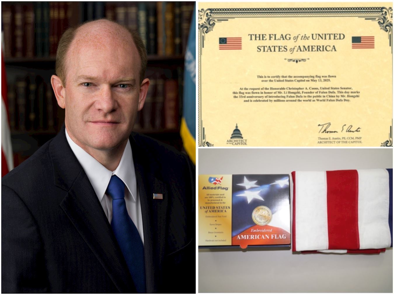 '图2:美国特拉华州民主党籍联邦参议员克里斯‧库恩斯(Chris Coons)将5.13飘扬在美国国会大厦上的一面美国国旗赠送给李洪志先生,同时颁发证书。'