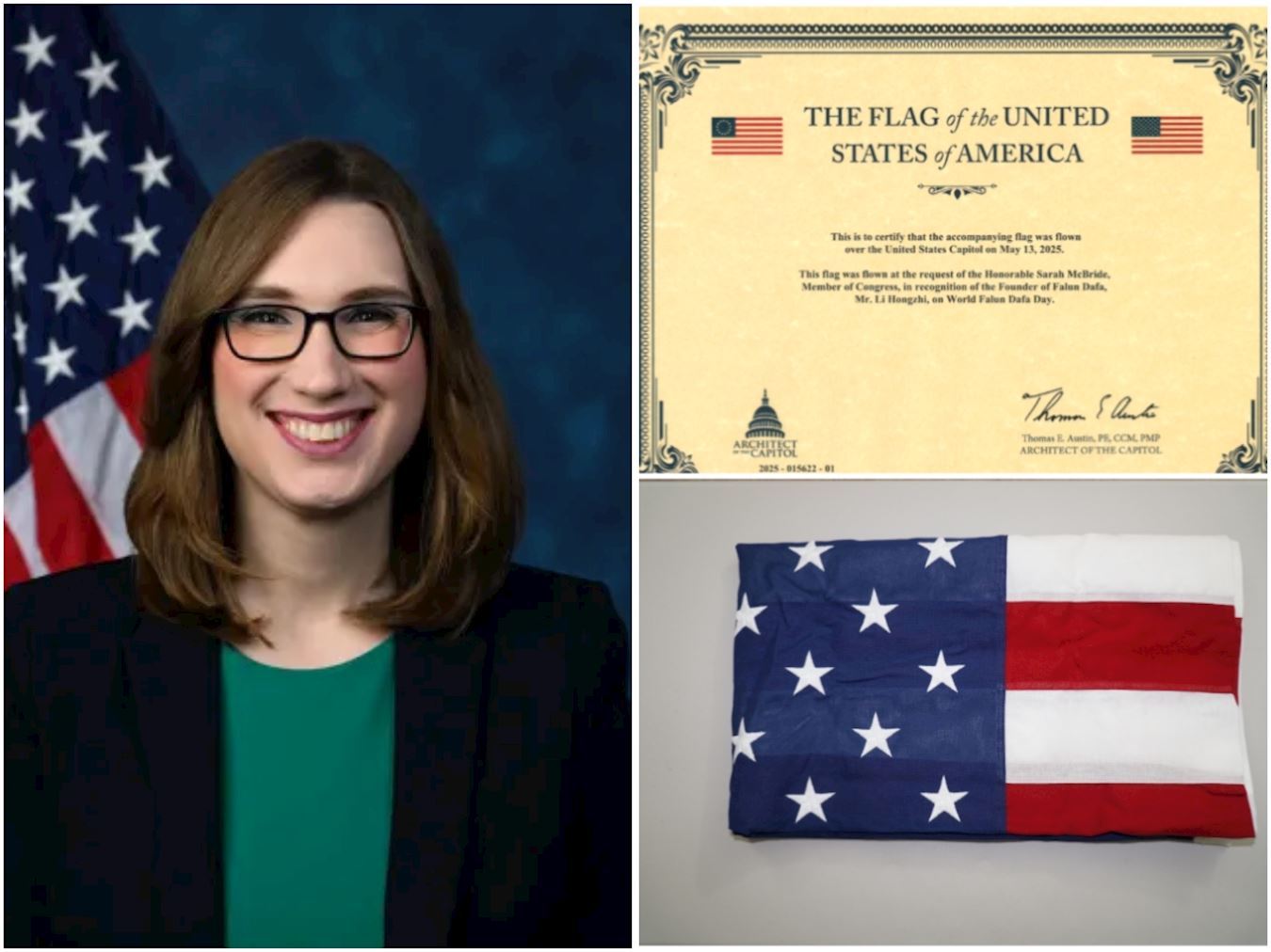 '图3:美国特拉华州民主党籍联邦众议员萨拉‧麦克布莱德(Sarah McBride)将5.13飘扬在美国国会大厦上的一面美国国旗赠送给李洪志先生,同时颁发证书。'