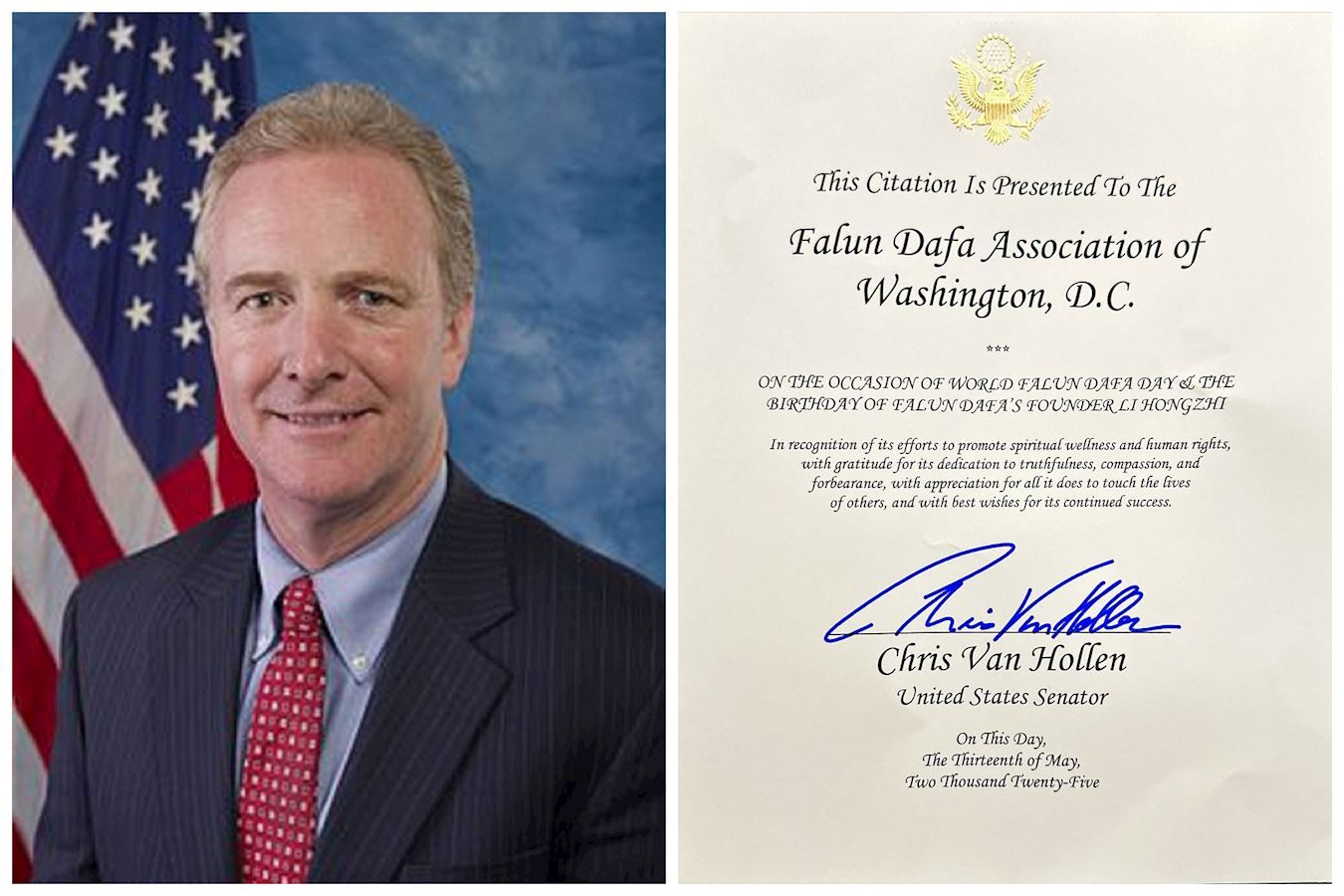 '图4:美国马里兰州民主党籍联邦参议员克里斯‧范‧浩伦(Chris Van Hollen)颁发褒奖,庆祝世界法轮大法日。'