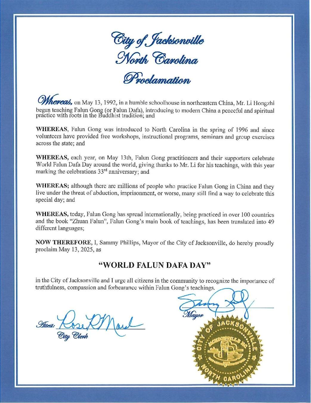 '图16:杰克逊维尔(Jacksonville)市长萨米·菲利普斯颁发褒奖,祝贺二零二五年“世界法轮大法日”。'