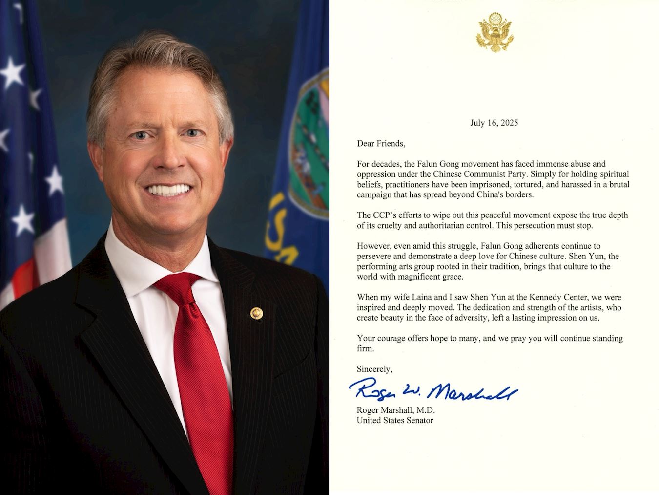 '图4:美国堪萨斯州共和党籍联邦参议员罗杰·马歇尔(Sen. Roger Marshall)致信声援法轮功学员。'