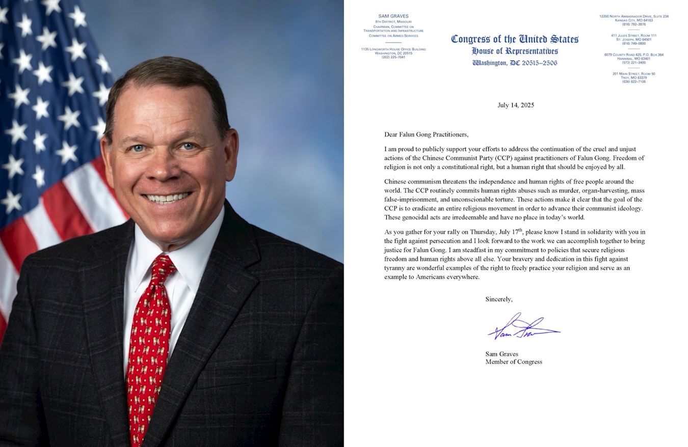 '图7:美国密苏里州共和党籍联邦众议员萨姆·格雷夫斯(Rep.Sam Graves)致信声援法轮功学员。'