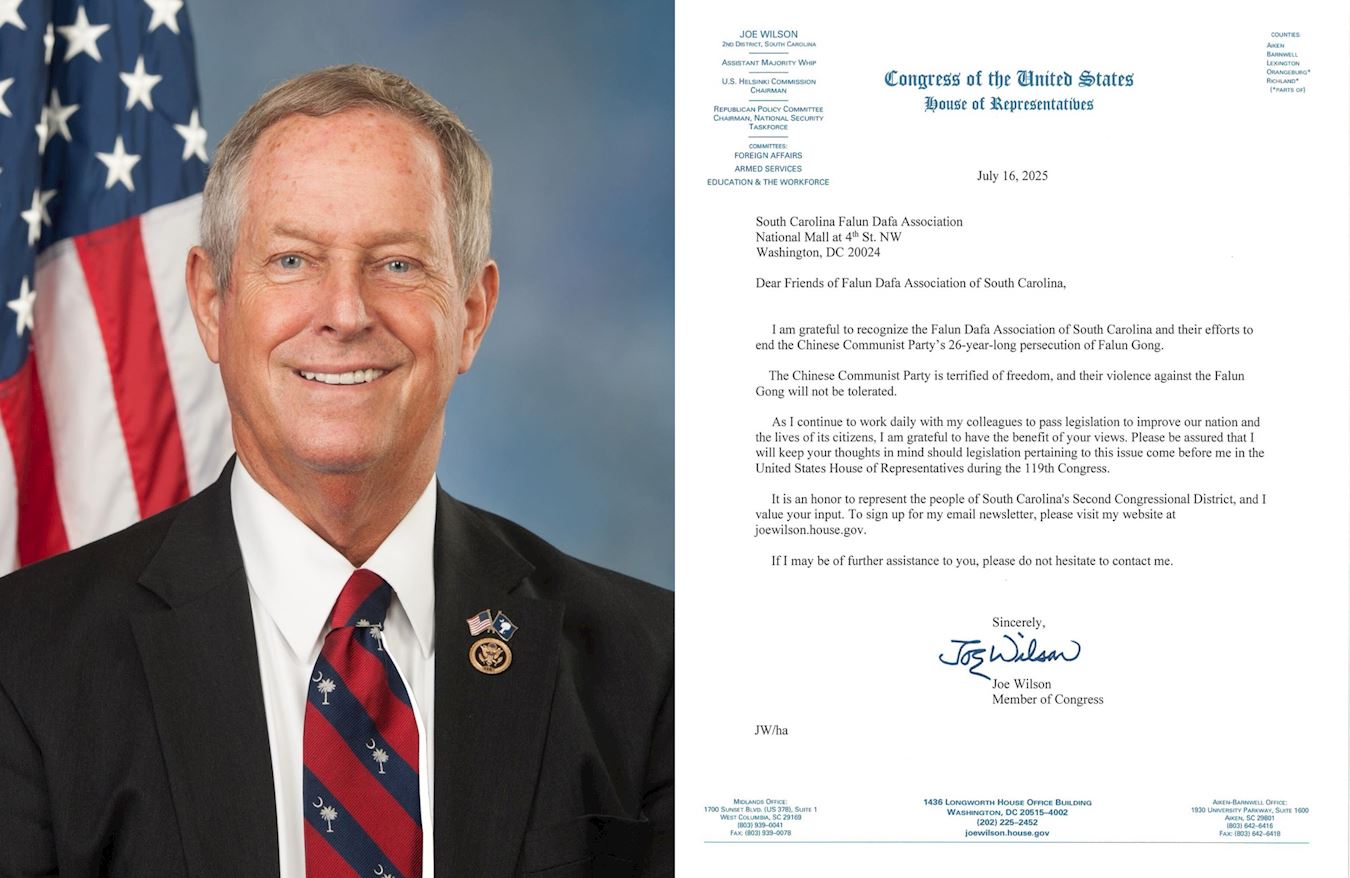 '图8:美国南卡罗莱纳州共和党籍联邦众议员乔·威尔逊(Rep.Joe Wilson )致信声援法轮功学员。'
