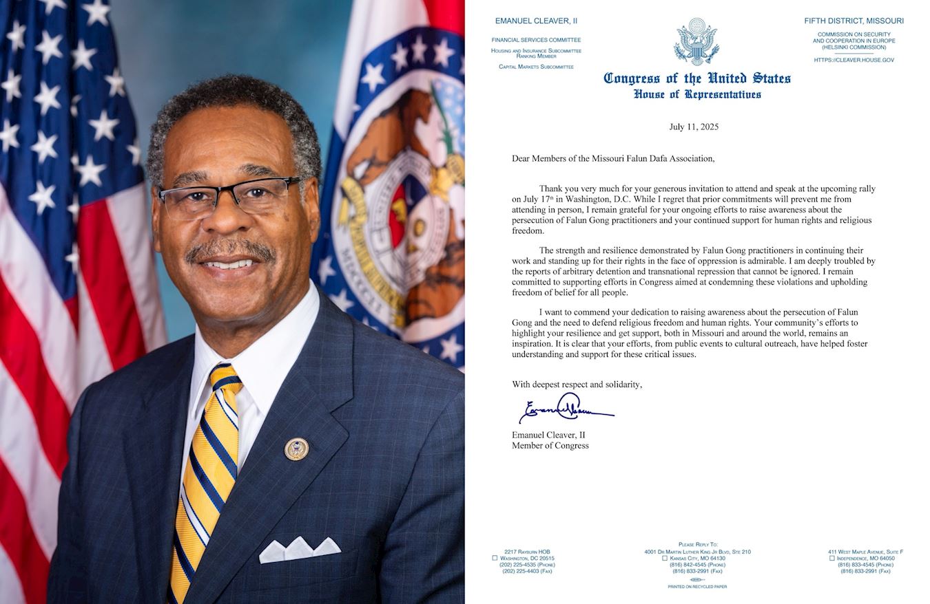 '图9:美国密苏里州民主党籍联邦众议员伊曼纽尔·克利弗二世(Rep.Emanuel Cleaver, II)致信声援法轮功学员。'