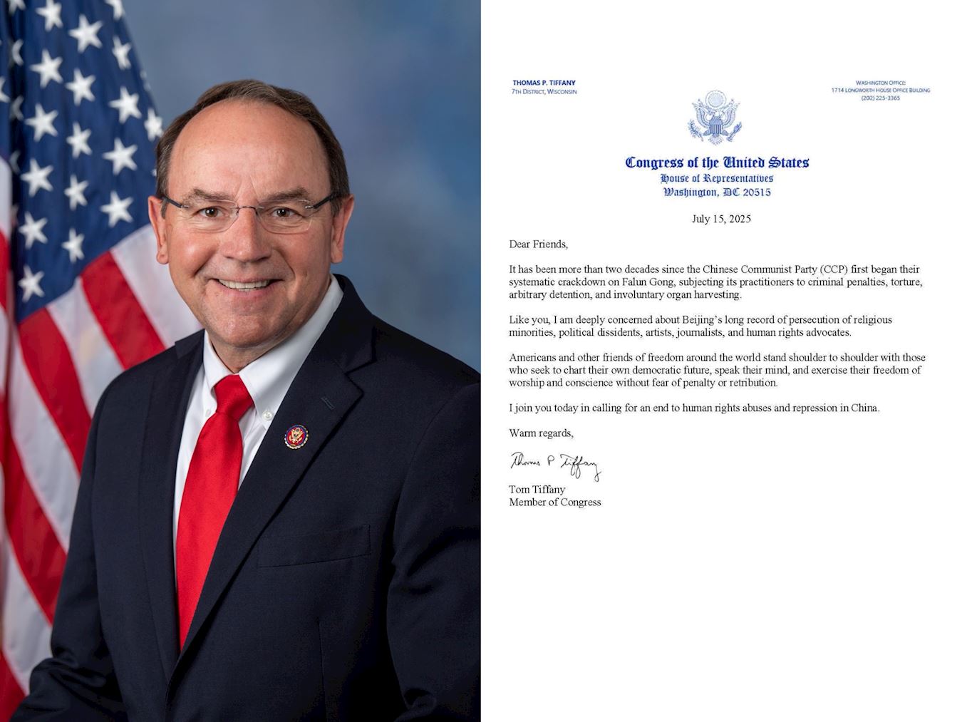 '图10:美国威斯康星州共和党籍联邦众议员汤姆·蒂凡尼(Rep. Thomas Tiffany)致信声援法轮功学员。'