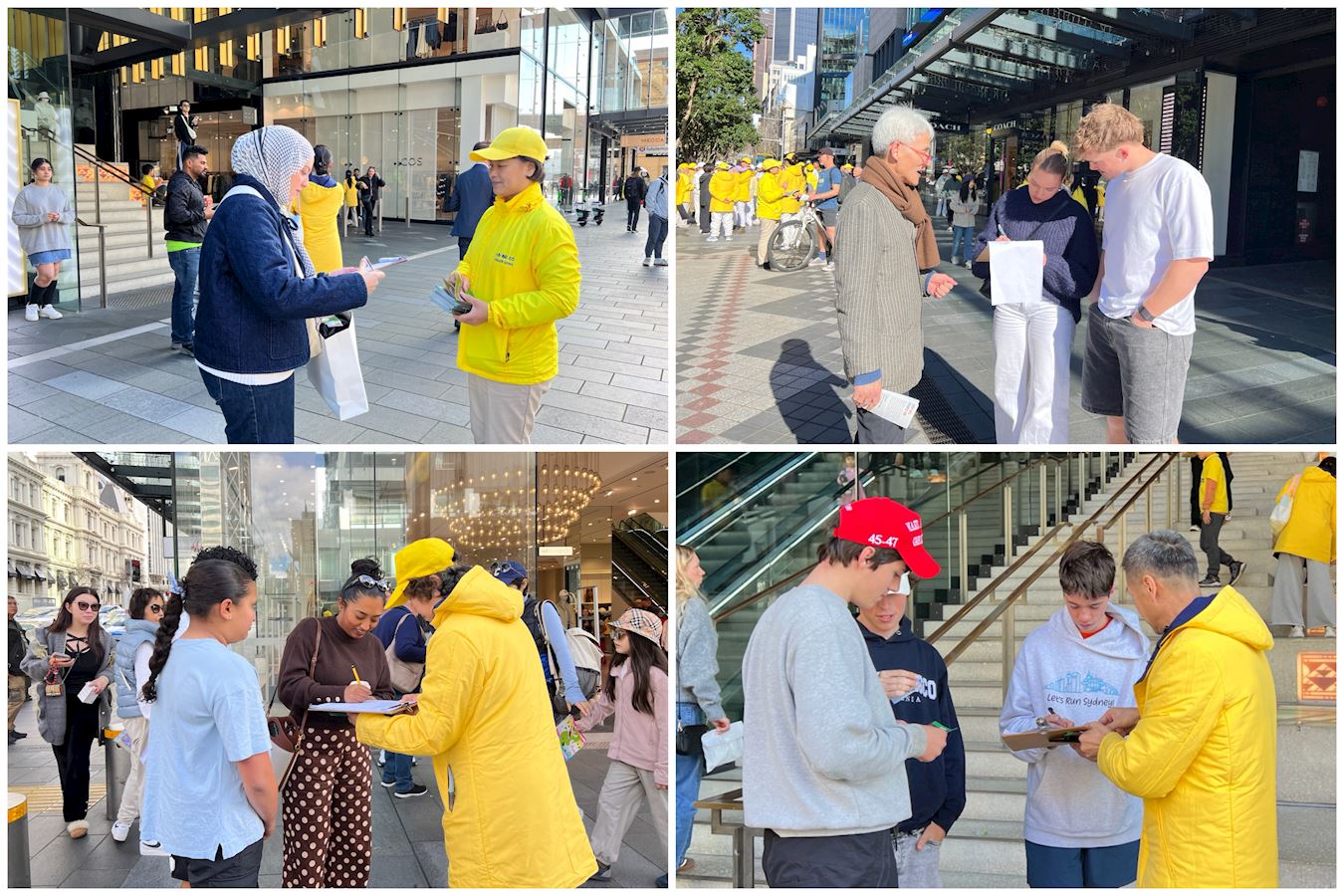 '图15~16:法轮功学员游行、集会时,听闻真相的人们都签名支持法轮功反迫害。'