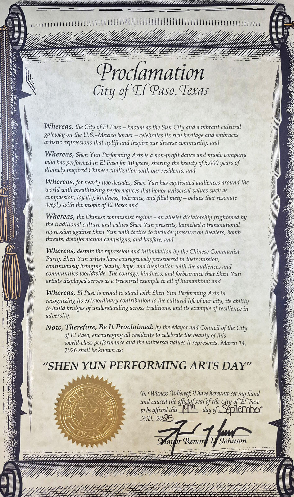 图:二零二五年九月十九日,德克萨斯州西部城市艾尔帕索市(El Paso)市长及市议会颁发褒奖,宣布二零二六年三月十四日为“神韵艺术日”。
