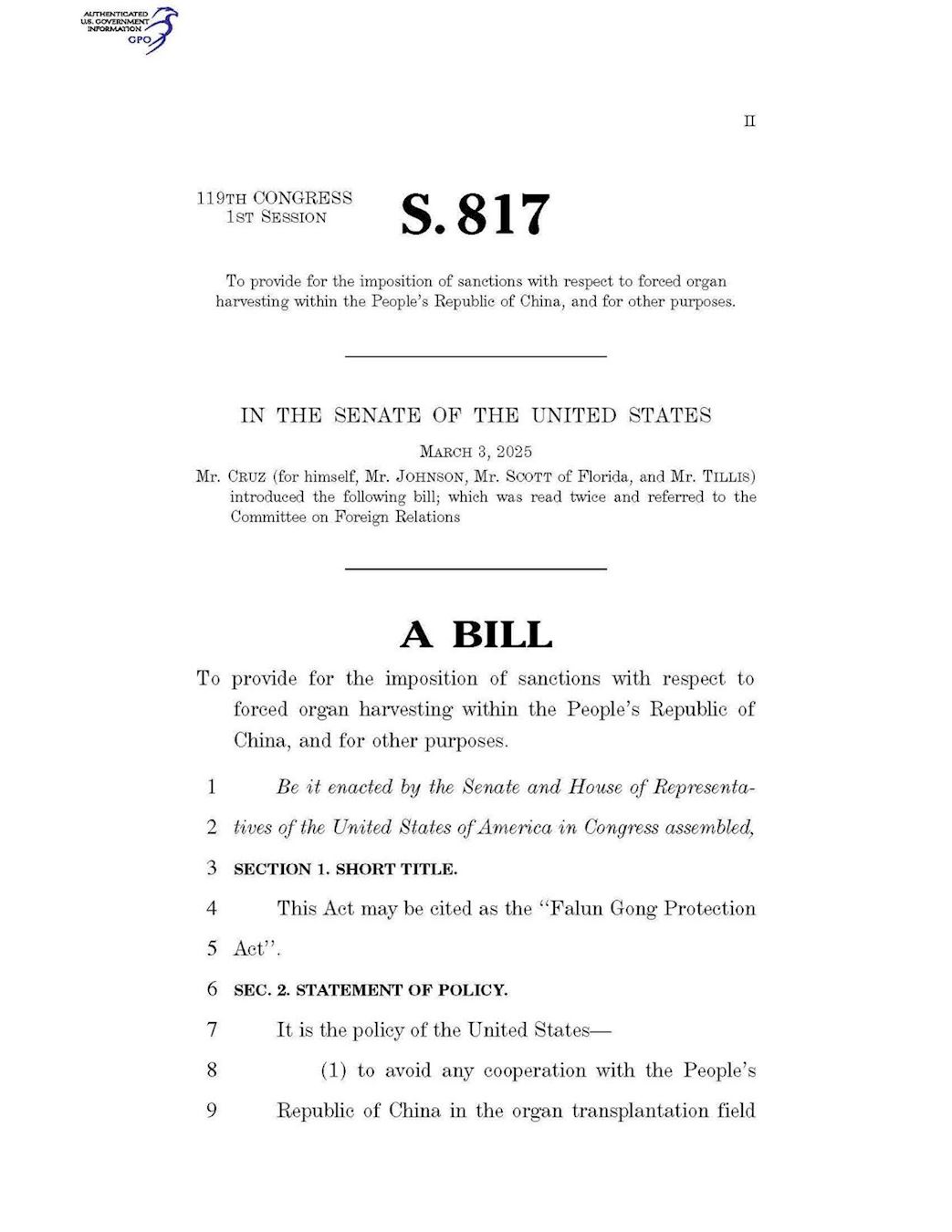 '图2:由德克萨斯州共和党联邦参议员泰德·克鲁兹于今年三月三日提出的《法轮功保护法案》(S.817法案)。详细内容请点阅:https://www.congress.gov/119/bills/s817/BILLS-119s817is.xml'